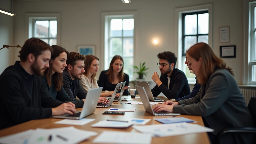Groep Nederlandse makers en ondernemers in creatieve werkruimte met laptops en ontwerpmaterialen