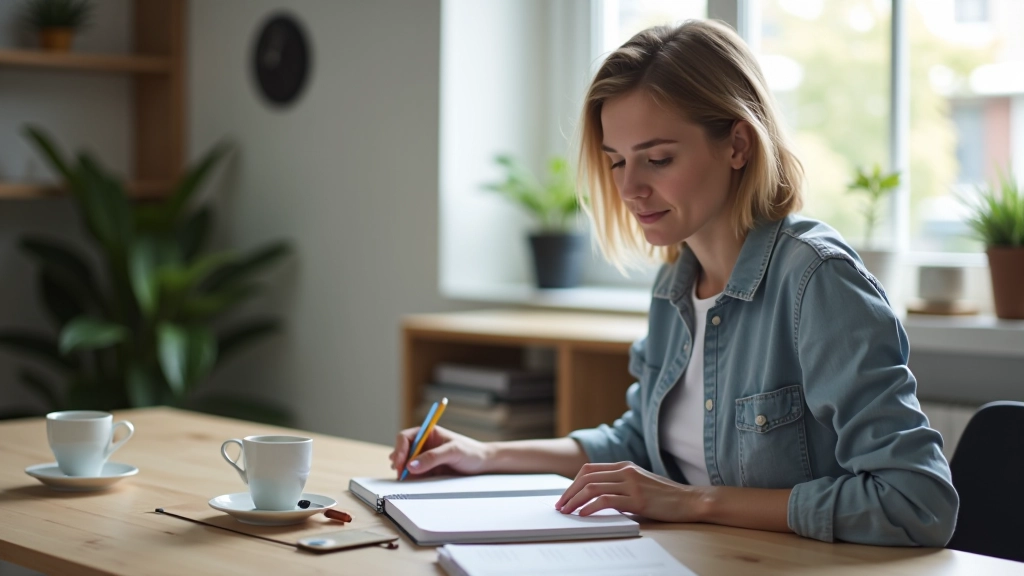 Nederlandse maker zit aan bureau met laptop, notitieblok en koffie, werkt aan campagnestrategie met financiële planning
