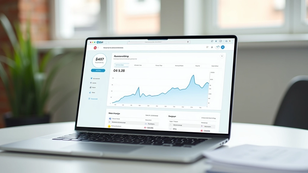 Close-up van een laptop scherm met analytics dashboard, helder kantoorlicht, scherpe focus