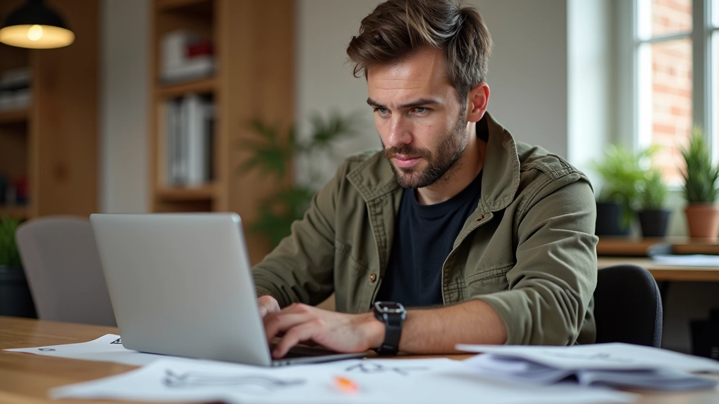 Maker aan het bureau die campagnestrategie plant met notities en mockups