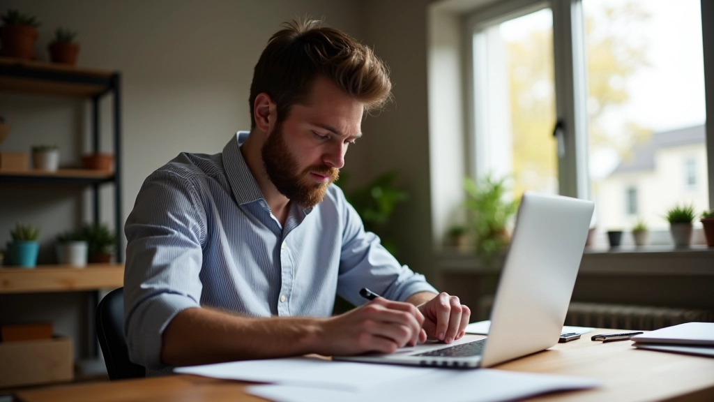 Maker aan het werk op houten bureau met laptop en notitieboeken vol schetsen