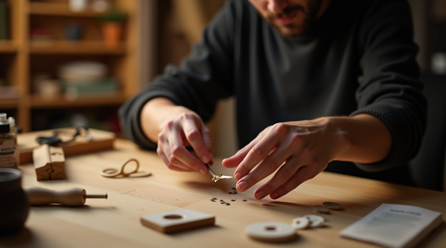 Hands van makers werkend aan een handgemaakt project in een studio ruimte met warm licht