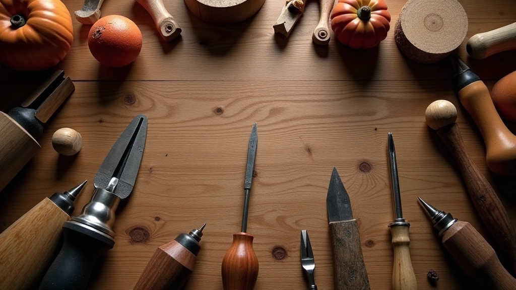 Handgemaakte design-gereedschappen uitgestald op houten tafel met geslepen detailfoto's