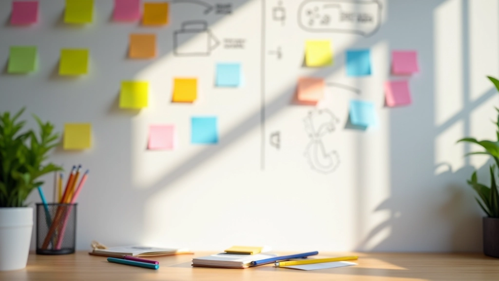 Voorbereiding en planning notities op een whiteboard met kleurrijke sticky notes en potloden